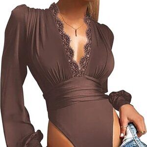 LYANER Brown Small — Lace Trim V-Neck Bodysuit Long Sleeve, Lantern Sleeve, Soft